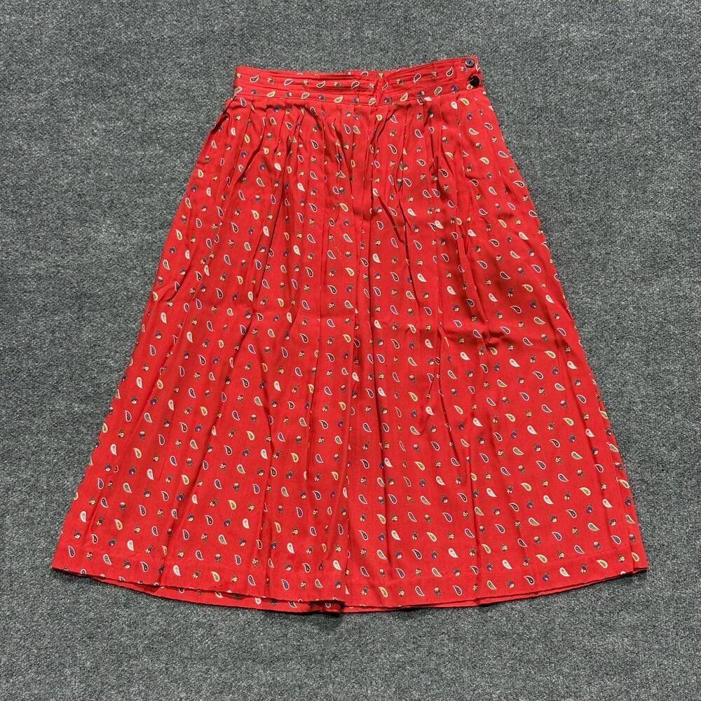 Vintage Chaus Skirt Womens 12 Red Paisley Pleated Midi 100% Rayon Japan